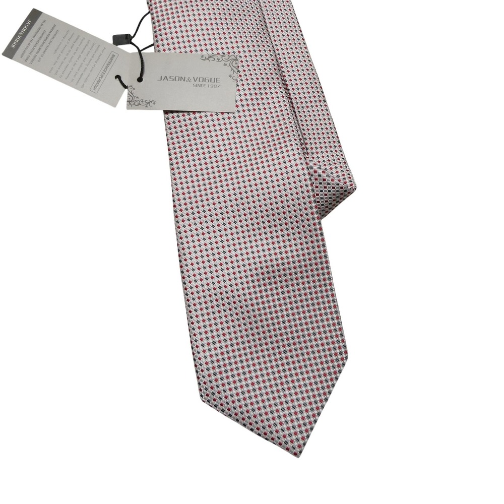 Jason & Vogue Tie Mens One Size Silver Red Geometric 100% Silk Classic Necktie